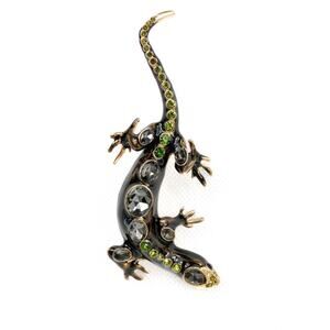 Fashion Lizard Pendant or Pin w green & smoky clear rhinestones on toned alloy
